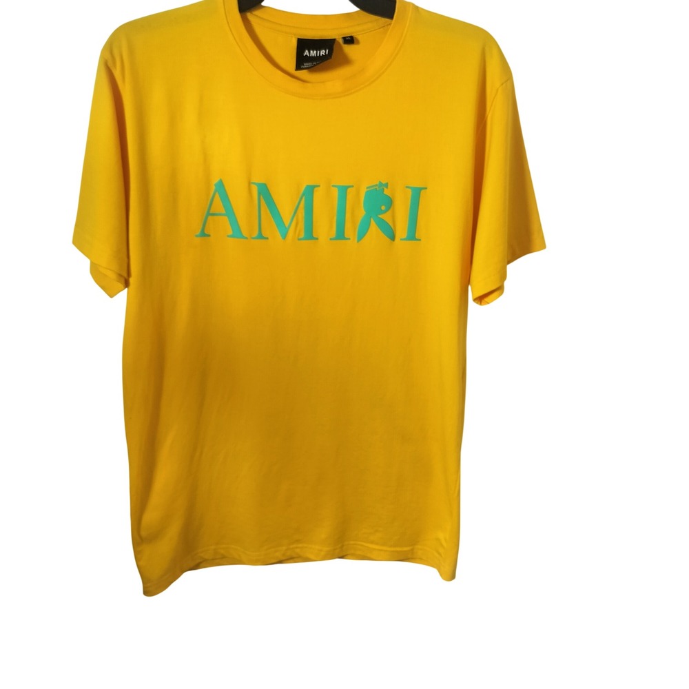 Amiri Mens Logo Graphic T-Shirt Yellow Teal Bunny XL Short Sleeve Cotton Tee